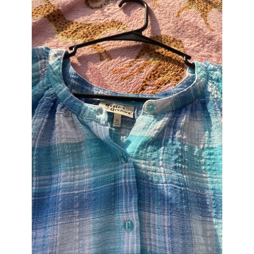 Lightweight Blue Plaid Button-Front Women’s Top - Picture 9 of 12